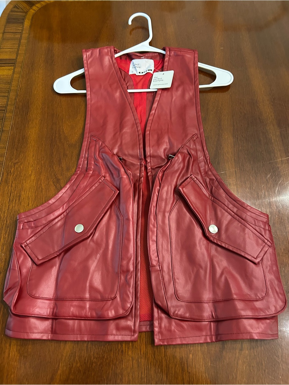 Red Leather Vest with Front Patch Pockets